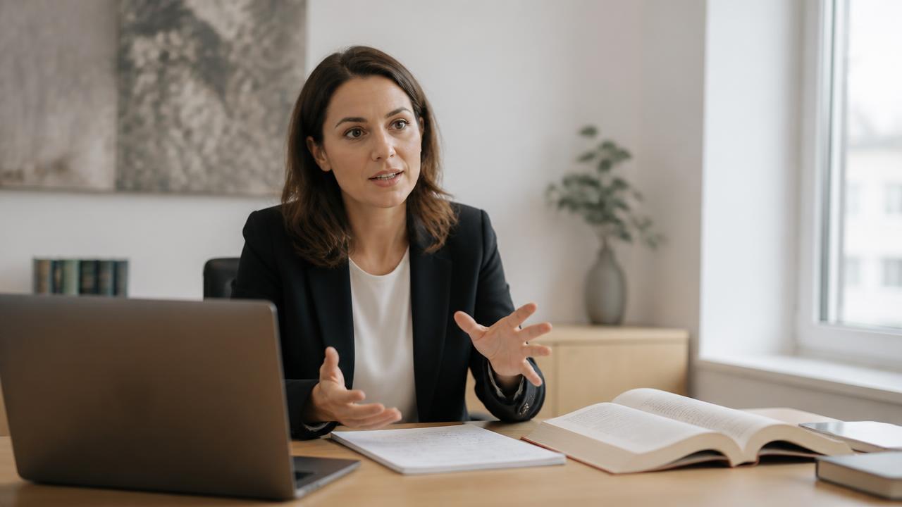 Referentin erklärt Schweizer Recht in einem Live-Webinar an ihrem Arbeitsplatz