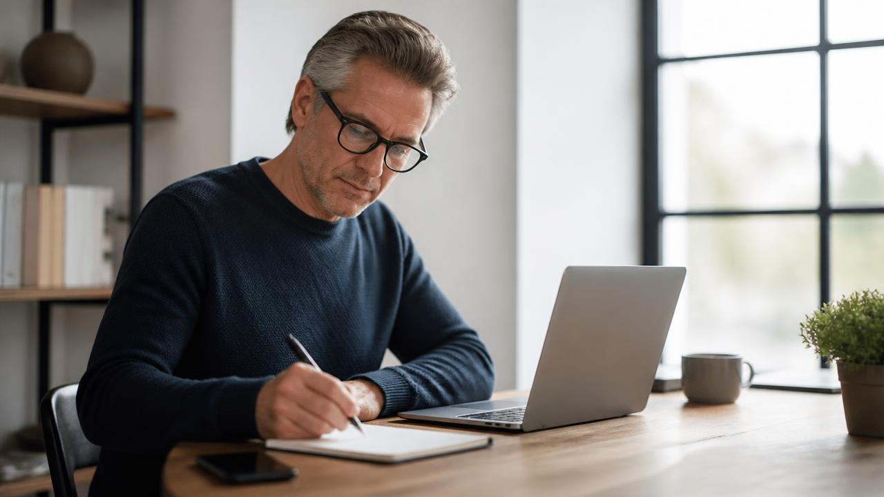 Teilnehmer macht während eines Onlinekurses Notizen neben seinem Laptop